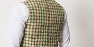 Vastraa Fusion Mens Handloom Block Check Print Nehru Jacket