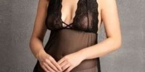 Clovia Halter Neck Sheer Babydoll with Matching Thong