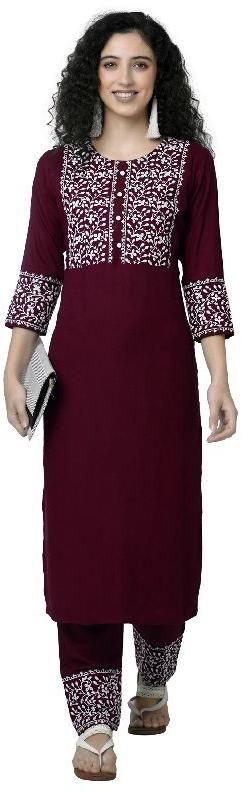 Rayon Embroidered Marron Kurti Pant Set