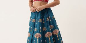 5511 Navy Blue Pure Silk Thread and Mirror Work Lehenga Choli