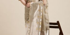 PB007B Tan and Silver Organza Paisley Zari Woven Banarasi Saree