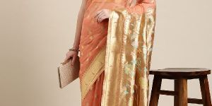 PB030 Peach and Golden Organza Paisley Zari Woven Banarasi Saree