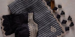 Black Grey Georgette with Sequence Crochet Work Sarees