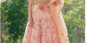 Threaded Peach Net Lehenga
