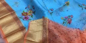 Pure Organza Silk Floral Digital Printed with Kanchi Border Weaved Saree