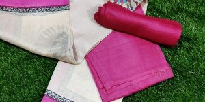 Pure Tussar Silk with Hand Block Printed Kameez with Dupatta Unstitched Suit Set