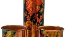 Printed Floral Design Copper Water Bottle with Glass