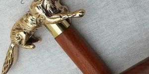 Brass Wooden Lion Fox Head Handle Walking Stick
