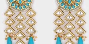 Blue Gold Tone Kundan Earrings with Turquoise Drops