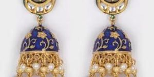Blue Gold Tone Kundan Jhumka Earrings