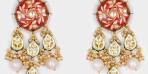 Red Gold Tone Kundan Earrings with White Pearl