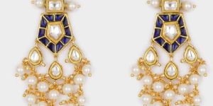 White and Blue Gold Tone Kundan Earrings