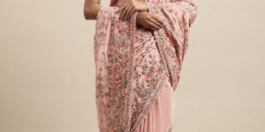 1522 Crepe Silk Peach Embroidered Saree
