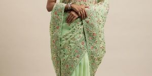 1523 Organza Pista Green Embroidered Saree