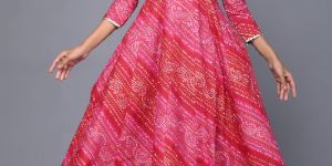 Cotton Pink Bandhej Anarkali Kurta with Dupatta