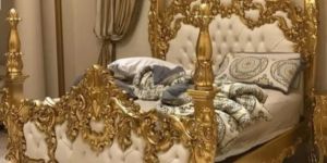 Teak Wood Golden King Size Bed