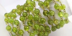 Natural Peridot Smooth Round Beads Brass Gold Plated Rosary Chain