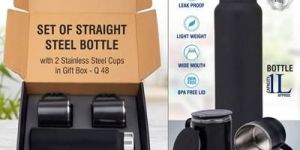 Stainless Steel Black Bottle with 2 Mugs