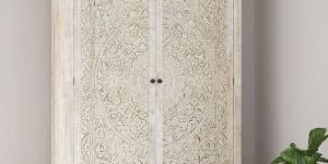 Handcarved Weathered Solid Wood Large White Wardrobe Armoire