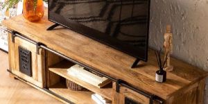 Solid Wood TV Unit with Storage Shelves