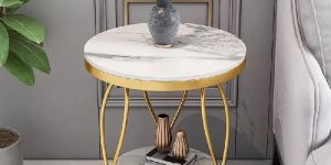 White Round Side Table with Storage Marble Top Metal Frame
