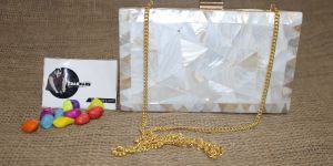 White Mother of Pearl Inlay Clutch Bag Evening Hand Bag from Tradnary