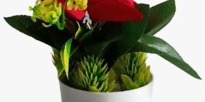 Artificial Plant Red Rose with Leaves & Buds