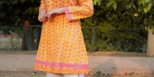 Marigold Pink Floral Print Blossoms Kurti
