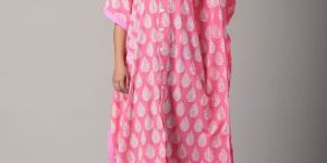 off White and Baby Pink Cotton Printed Nursing Kaftan
