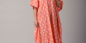 Peach and off White Block Printed Feeding Kaftan