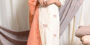 CLASSIC CREAM KURTA WITH ORANGE CHECKS DUPATTA