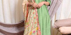 GREEN DESIRE CHANDERI KURTA WITH DIGITAL PRINT MUSLIN DUPATTA