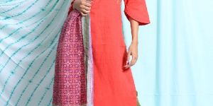 RED COTTON EMBROIDERED KURTA WITH DIGITAL PRINT DUPATTA