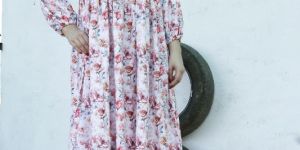 Ladies White Floral Printed a Line Long Dress
