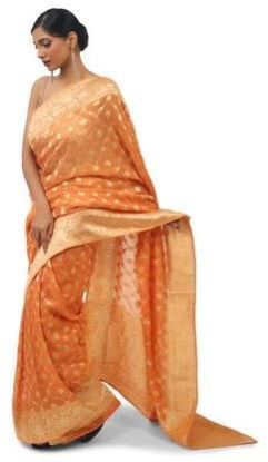 Silver Work Orange Organza Saree