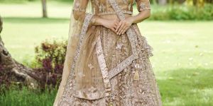 Biscuit Colored Flower Embroidered Veil Design with Tone to Tone Cording Work