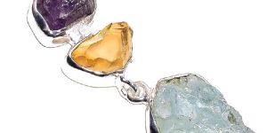 Aquamarine Citrine Raw Gemstone 925 Sterling Silver Pendant