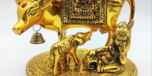 Kamdhenu Cow with Calf and Krishna Statue