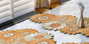 Handmade Yellow Floral Beaded Embroidery Table Runner with Placement