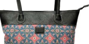 Ladies Leather Handle Jute Canvas Handbag