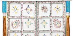 White & Sky Blue Printed Wooden Temple with Door