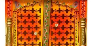 Yellow & Orange Printed Wooden Temple with Door