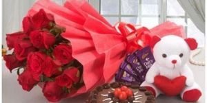 Red Cake and Flower Hamper