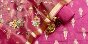 Banarasi chanderi buta suit with orgenza embroidery work dupatta & plain bottom