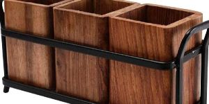 Wood and Wrought Iron Spoon Holder, Multipurpose Stand, Table Organizer with 3 Wooden Jar