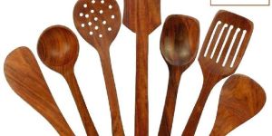 Spoons for Cooking Non-Stick, Natural Sheesham Wood Ladles & Turning Spatulas Set of 7