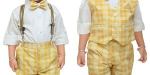 MM783 Yellow Boys Pant Shirt Jacket Bow Tie Set