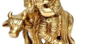 12 Inch Brass Krishna with Cow Statue