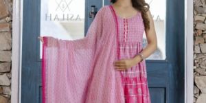 Women Pink Cotton Printed Embroidered Anarkali Sharara Set