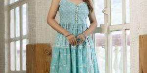 Graphic Print Rayon Blend Stitched Anarkali Gown (Light Green)